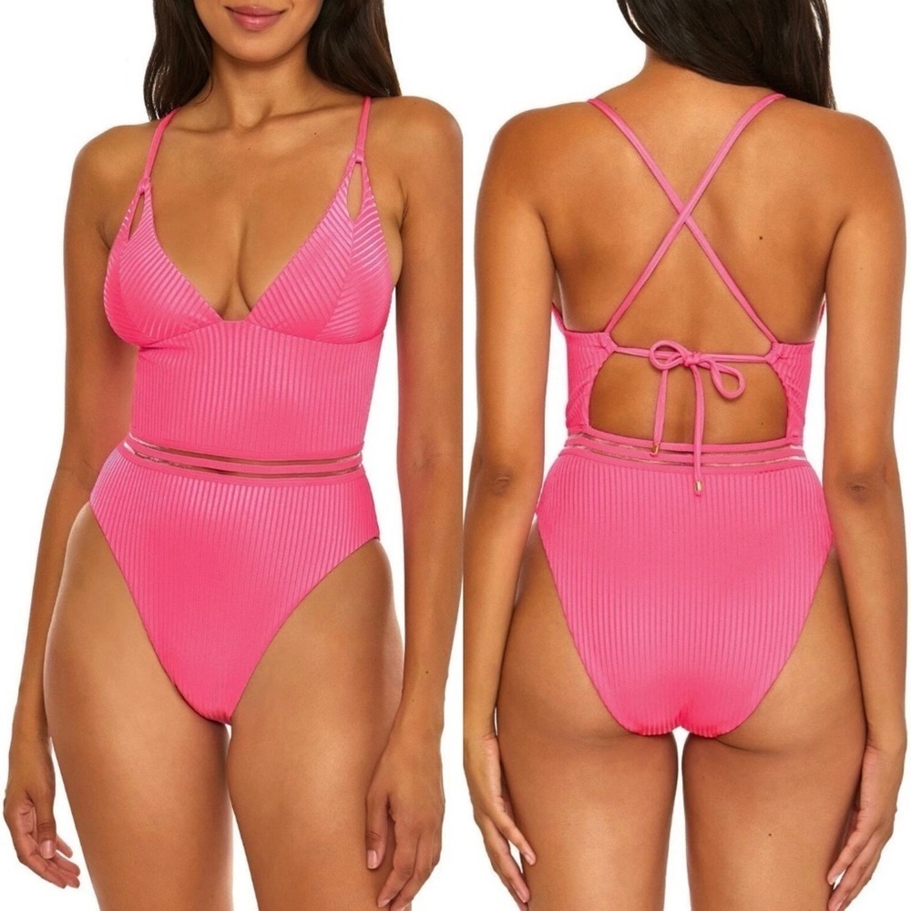 🌻NEW w/tag Isabella Rose Queensland Pink High-Leg Ribbed 1-Piece Swimsuit Small